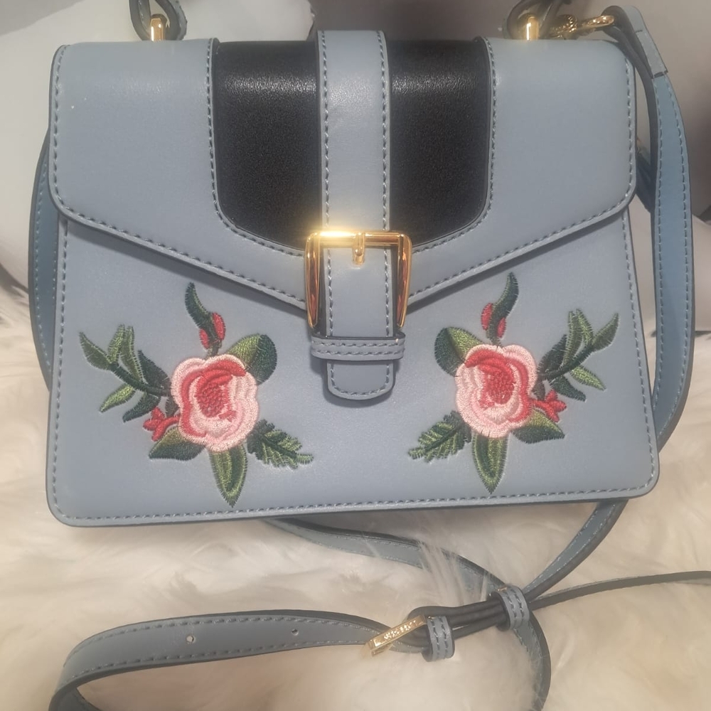 Blue and Black Crossbody Bag with Floral Embroidery